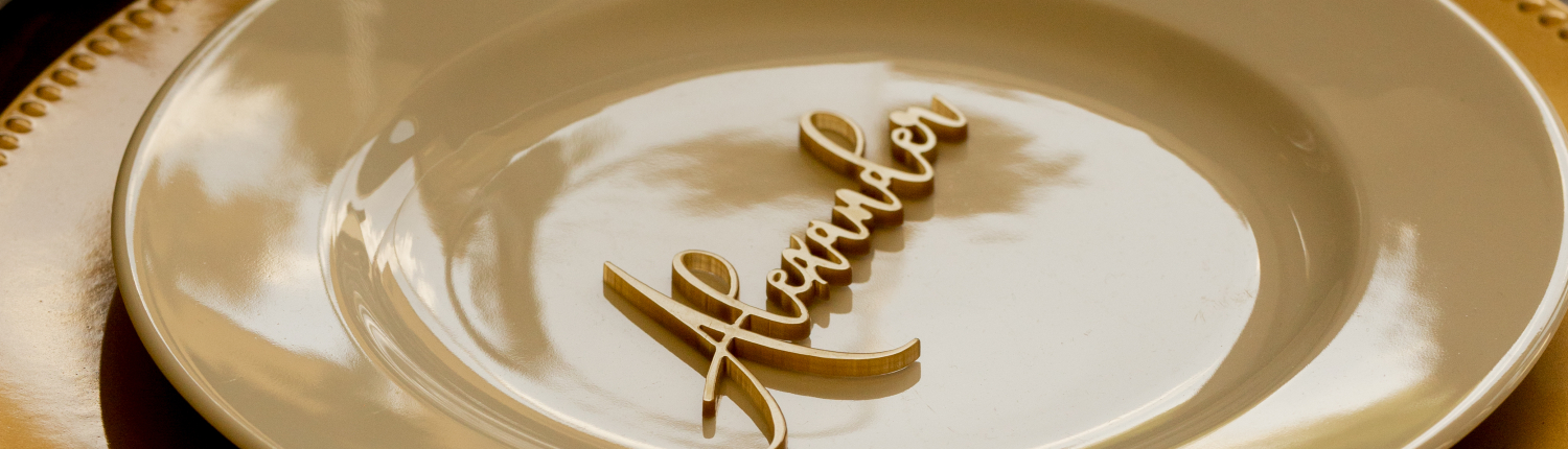 event rentals plates, chargers, acrylic names